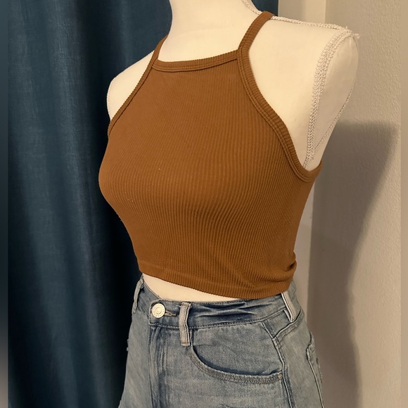 Brown Stretchy Ribbed High Racerback Neck Crop Top Tank Sleeveless Size S/M - Picture 4 of 6